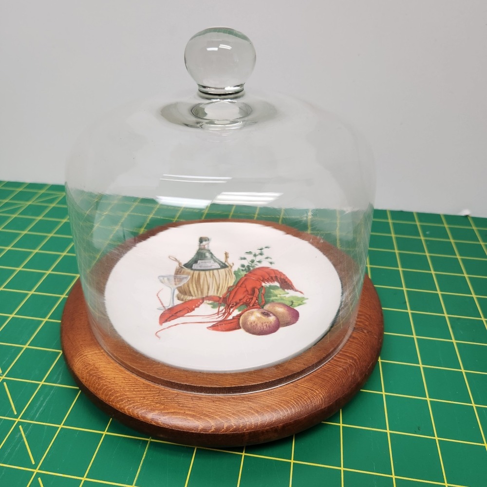1970s Vtg Good wood Teak Flawed  Cheese Tray Glass Dome Cloche Wine Lobster